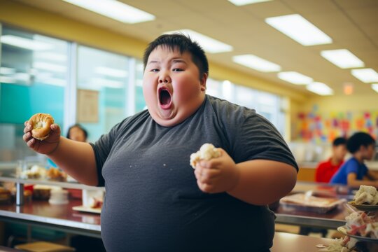 
Photograph a chubby boy, 7 years old, of Asian ethnicity, throwing a fit in a school cafeteria, upset over not getting his favorite dessert