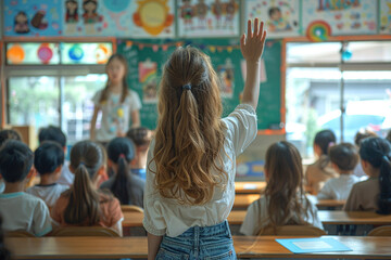 Elementary Student Raising Hand in Class. Young girl with raised hand waiting to answer a question in a vibrant elementary school classroom. - obrazy, fototapety, plakaty
