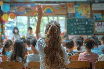 Elementary Student Raising Hand in Class. Young girl with raised hand waiting to answer a question in a vibrant elementary school classroom. - obrazy, fototapety, plakaty