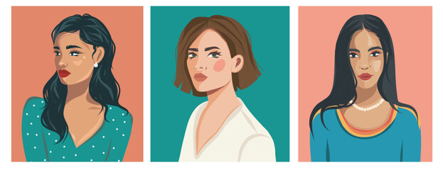 Set of vector portraits of beautiful women of different cultures and ages. Diversity. Flat illustration. Avatar for social networks.