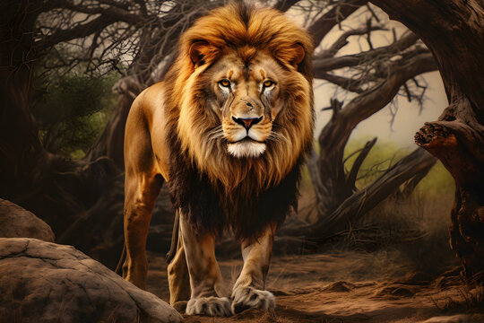 Distinctive Portrait of a Roaring Lion: Felidae Family's Regal Representative in a Vivid Safari Landscape
