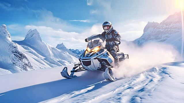 two man riding snowmobile at snowy mountain.generative ai