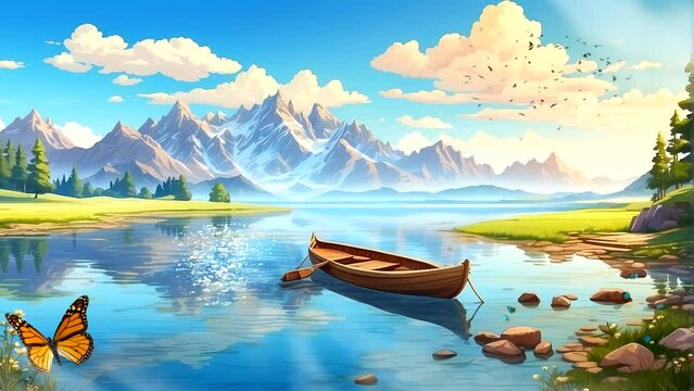 beauty of the wild, the lake on the slopes of the mountains, the wooden boats gliding over it. Seamless looping 4k time-lapse video animation background