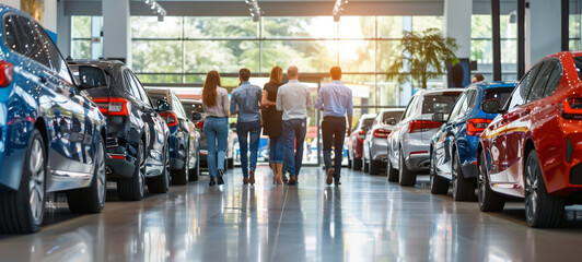 Potential buyers viewing cars in a dealership. - obrazy, fototapety, plakaty