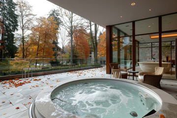 Indoor spa overlooking fall foliage through glass.