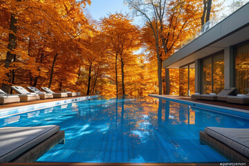 Contemporary pool mirroring fall foliage.
