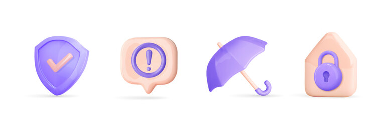 3d secure icon. Cyber protection, home security, insurance, alert, error and emergency. Shield, house and closed padlock, umbrella, speech bubble with warning sign. Realistic vector illustration © Doloves