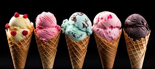 Set of various ice cream scoops in waffle cones. isolated on black background