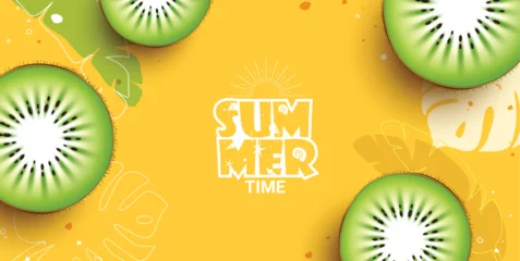 Foto op Canvas Summer time text vector background. Summertime greeting text with slice kiwi tropical fruit in yellow background for seasonal template. Vector illustration summer time greeting banner.   © ZeinousGDS