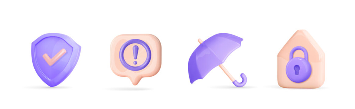 3d secure icon. Cyber protection, home security, insurance, alert, error and emergency. Shield, house and closed padlock, umbrella, speech bubble with warning sign. Realistic vector illustration