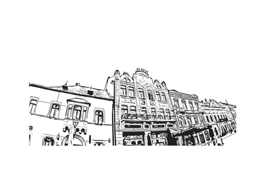 Print Building view with landmark of Kosice city. Hand drawn sketch illustration in vector.