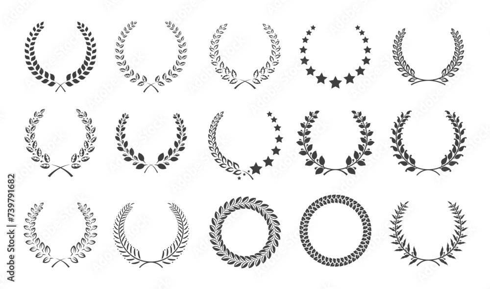 Wall mural Laurel champion wreaths flat illustration set. Winner trophy garland element black and white icons on white background. Classic award emblems