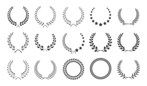 Laurel champion wreaths flat illustration set. Winner trophy garland element black and white icons on white background. Classic award emblems