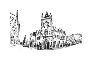 Fototapeta premium Print Building view with landmark of Kosice city. Hand drawn sketch illustration in vector.