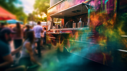 Obraz premium Against the backdrop of a rustic wood tabletop, the frenetic energy of a food truck festival is rendered in abstract blur, with streaks of vibrant colors