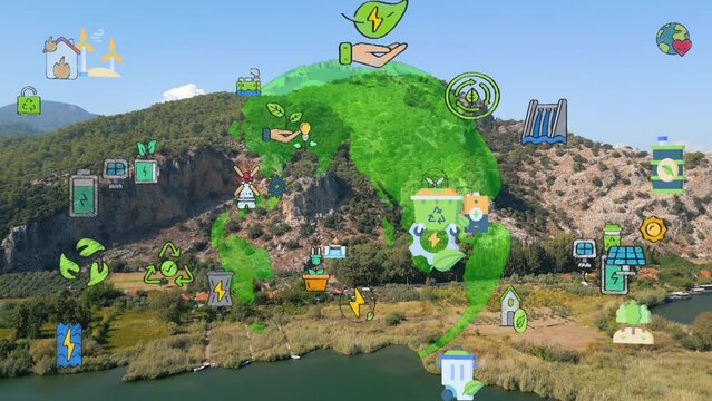 Green forest aerial view and environmental technology concept. Green tech. Ecology. Green transformation. GX. SDGs. High quality 4k footage