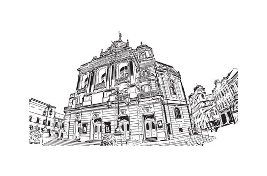 Print Building view with landmark of Kosice city. Hand drawn sketch illustration in vector.