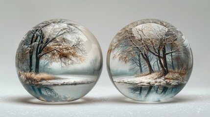 crystal spheres with trees inside are lined up side by side against a blurry natural background. reflects a separate phase of tree development from autumn to winter.