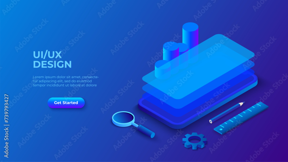 Poster Isometric dark blue illustration. UX UI isometric design concept with smartphone. Landing page template. Mobile app or website wireframe