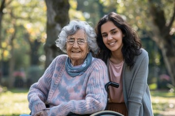 Elderly woman in a wheelchair, with a younger woman caregiver smiling and enjoying time in nature. Care and concern for the elderly.