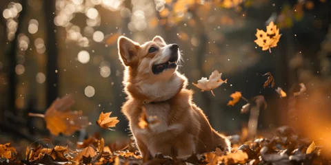 Fotobehang Funny happy cute dog puppy running smiling in the leaves Golden autumn fall background. © Adnan