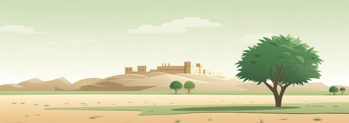 Solitary Tree and Distant Castle Amidst Desert Dunes - Generative AI