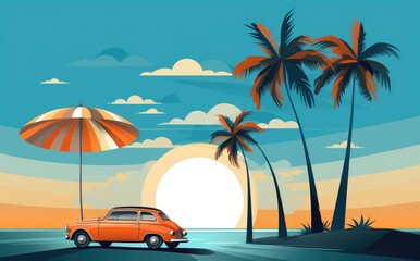 Vintage Road Trip: Sunset, Car, and Palm Trees - Generative AI