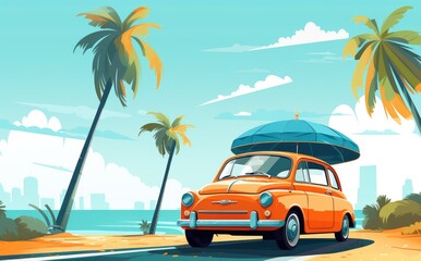 Vintage Road Trip: Sunset, Car, and Palm Trees - Generative AI