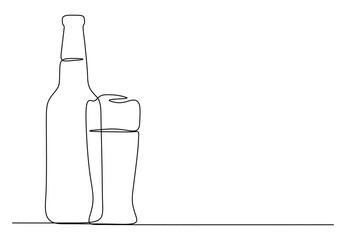 Continuous one line drawing of beer glass with foam. Craft drink alcohol ale in simple linear style vector illustration. Premium vector - obrazy, fototapety, plakaty