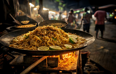 Pad Thai, a mouthwatering dish of fried noodles in a busy Thai night market. Street food. 