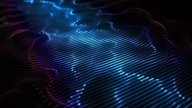 Bright three-dimensional waves of information in digital space. Abstract concept of soundwaves, artificial intelligence and digital data flow. Motion of dotted lines on wavy surface, 4K looped video
