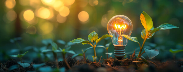 Spring flower glowing in grass and sunlight beside a bright light bulb, symbolizing creativity and innovation