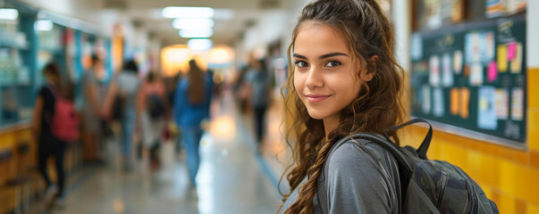 Woman walking in the university, smiling with casual fashion and blond hair,  - obrazy, fototapety, plakaty