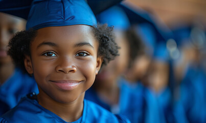 Smiling child wearing cap with a book, symbolizing graduation achievement