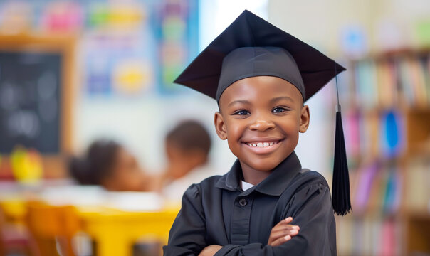 Smiling child wearing cap with a book, symbolizing graduation achievement