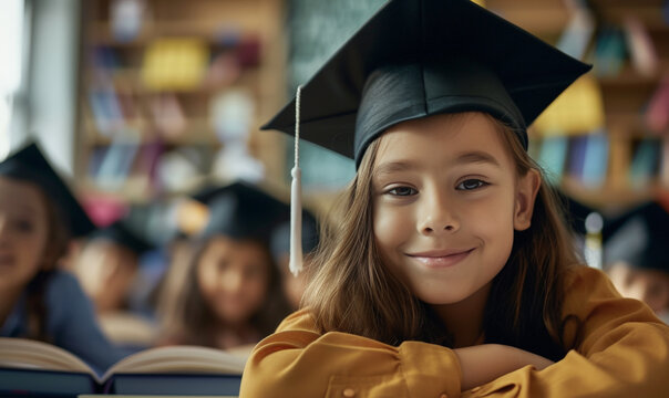 Smiling child wearing cap with a book, symbolizing graduation achievement