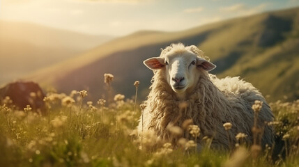Merino sheep against the backdrop of a pastoral hillside with golden light, peaceful surroundings and harmonious coexistence with nature. Sheep serves contributing to biodiversity of Alpine fauna. - obrazy, fototapety, plakaty