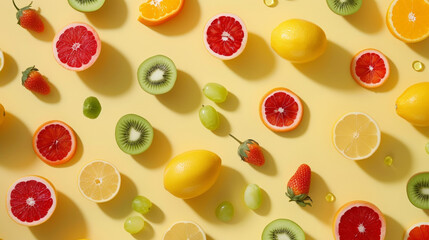 pattern with fruits on yellow background, healthy food