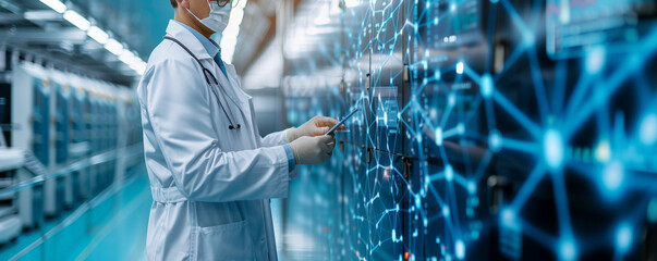 Doctor examines digital on futuristic touchscreen interface , medical technology