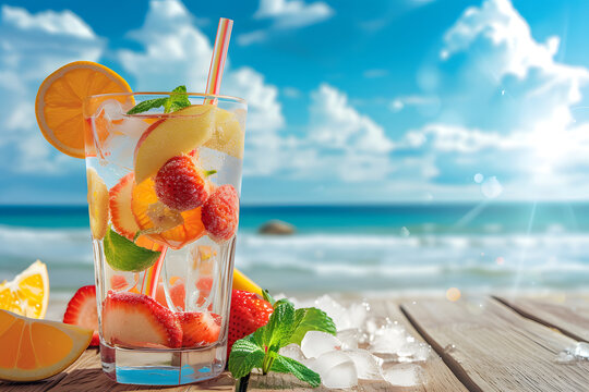 Refreshing summer drinks with ice cubes and fruits with swimming pool background, summer vacation, holiday vibe