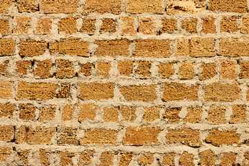 A wall of yellow blocks, textured shell bricks. Background