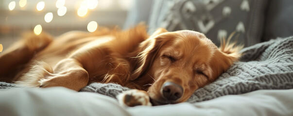 Dog sleeping on cozy bed at home - obrazy, fototapety, plakaty