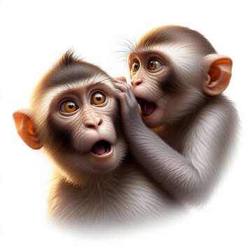 A monkey whispering secrets into the ear of another surprised monkey on white background