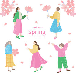 女性　シンプル　人物　イラスト　春　桜　