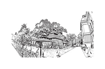 Fototapeta na wymiar Print Building view with landmark of Kosice city. Hand drawn sketch illustration in vector.