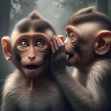A monkey whispering secrets into the ear of another surprised monkey on white background
