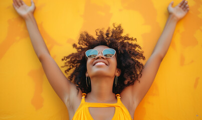  woman basks in the sun with hands raised, radiating beauty, fashion, and fun at a vibrant party