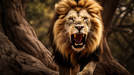 Distinctive Portrait of a Roaring Lion: Felidae Family's Regal Representative in a Vivid Safari Landscape