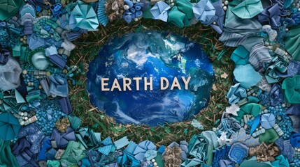 Fototapeta na wymiar Creative Earth Day Representation with Recycled Fabrics and Beads.