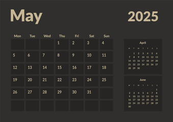 Monthly page Calendar Planner Templates of May 2024. Vector layout of simple calendar with week start Monday for print. Page for size A4 or 21x29.7 cm in dark color